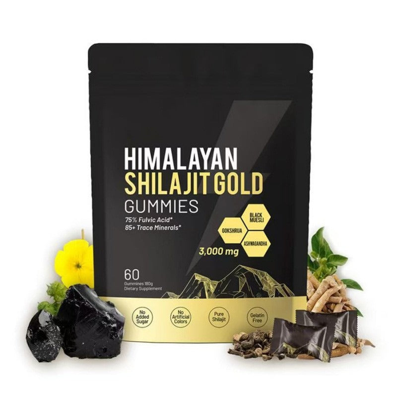 Himalayan Shilajit Gold Gummies packaging with gummy bears and natural elements on a white background