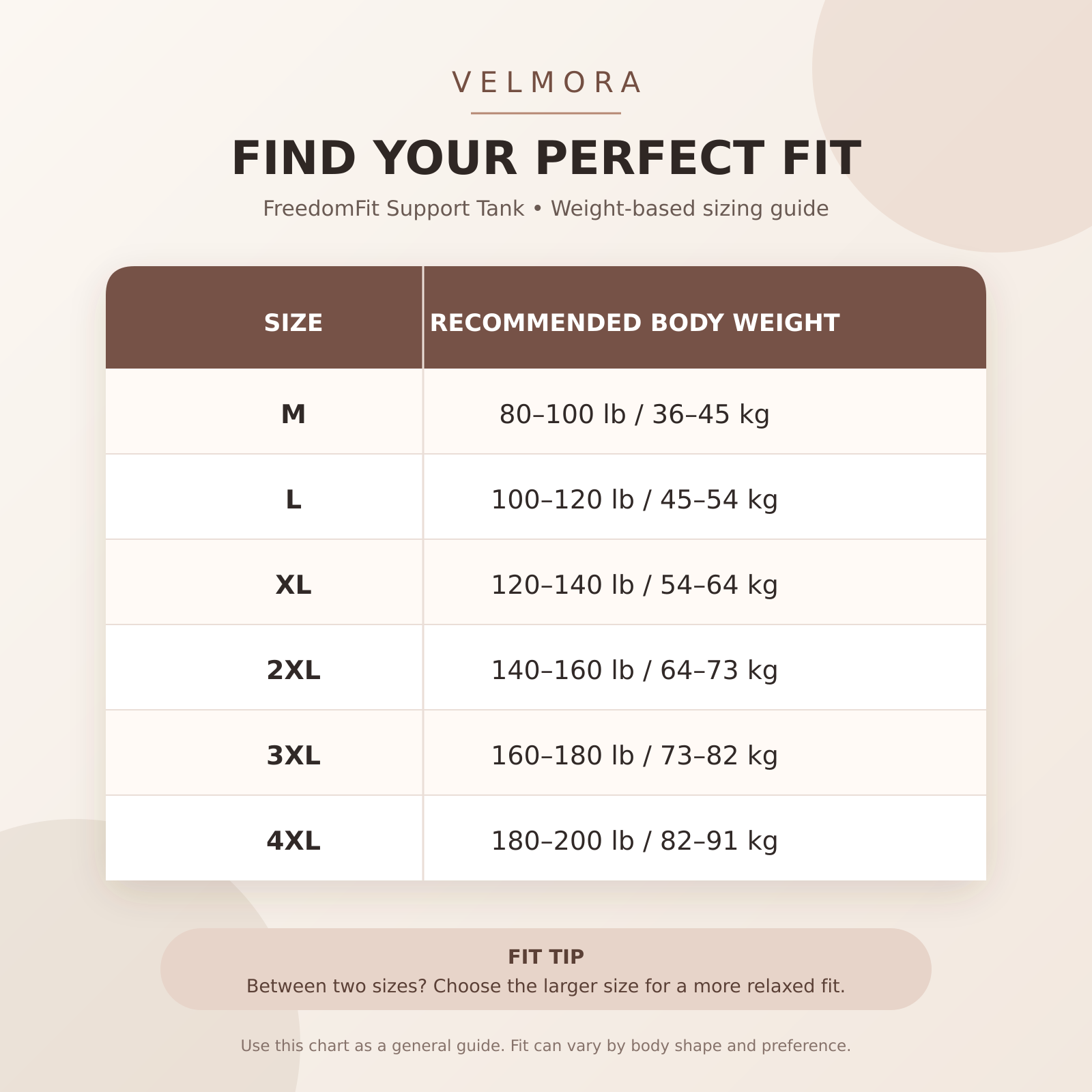 Velmora FreedomFit Support Tank size and weight chart M to 4XL